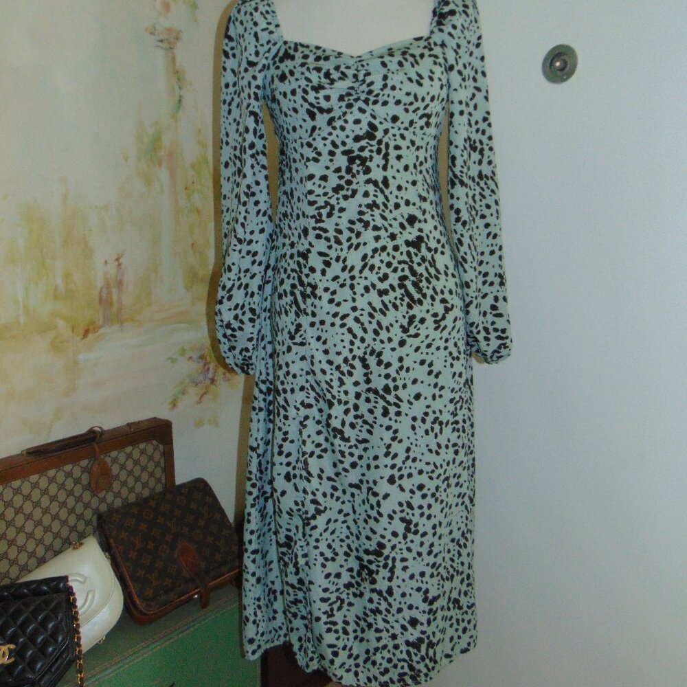 Missguided Balloon Sleeve Midi Dress Animal Print Blue Black Sweetheart Neck 2